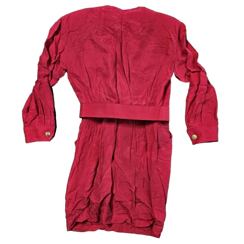 Vintage 80s 90s Ann Taylor Red 100% Silk Midi Dress Sz 10, Long Sleeve, Belted - Picture 2 of 13